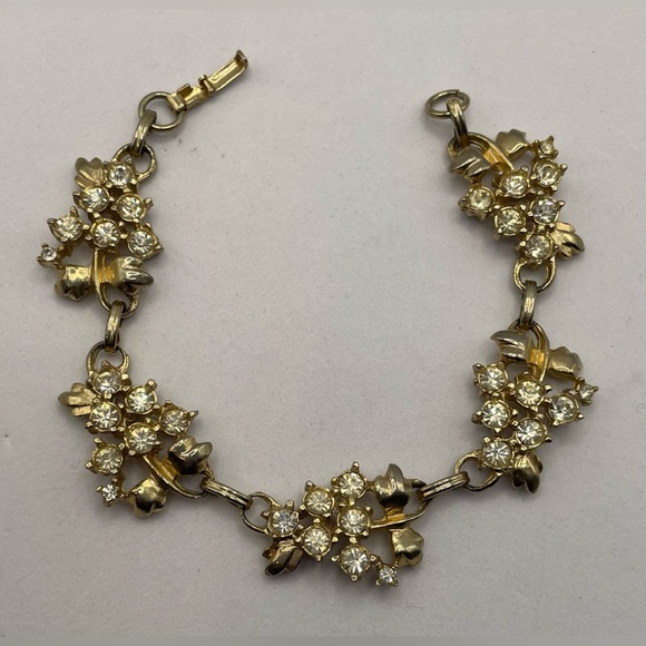Vintage Gold Tone Linked Bracelet with Faceted Crystal Clusters - Picture 1 of 7
